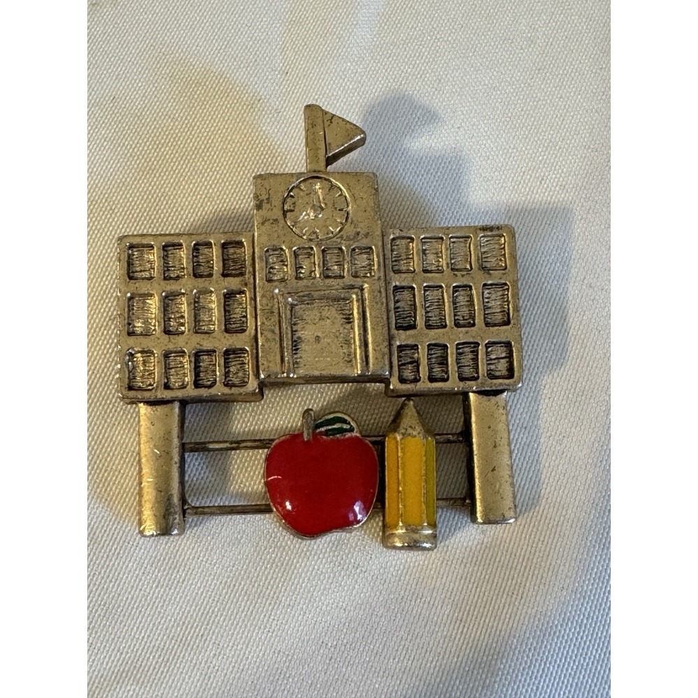 Vintage JJ Schoolhouse‎ Teacher Brooch Apple Pencil Pin Gold Tone Enamel Gift